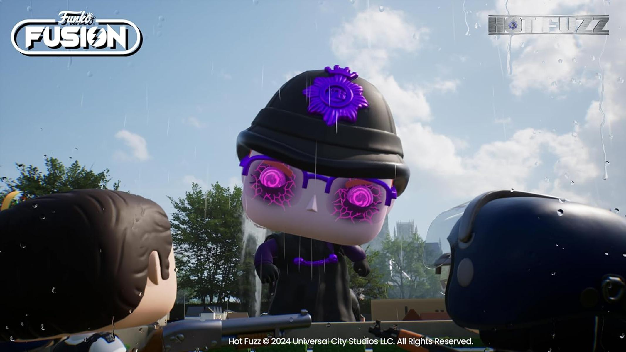 Eine Funko Pop-Figur eines Polizisten mit leuchtenden lila Augen, der einen Helm trägt. Im Hintergrund Bäume und ein bewölkter Himmel.
