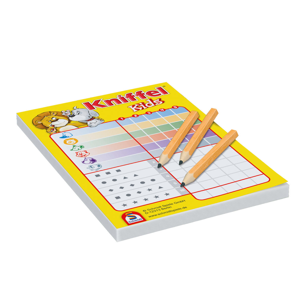 Żółty notes do gry Kniffel Kids z ołówkami na wierzchu. Notatnik ma kolorowe pola i rysunki.