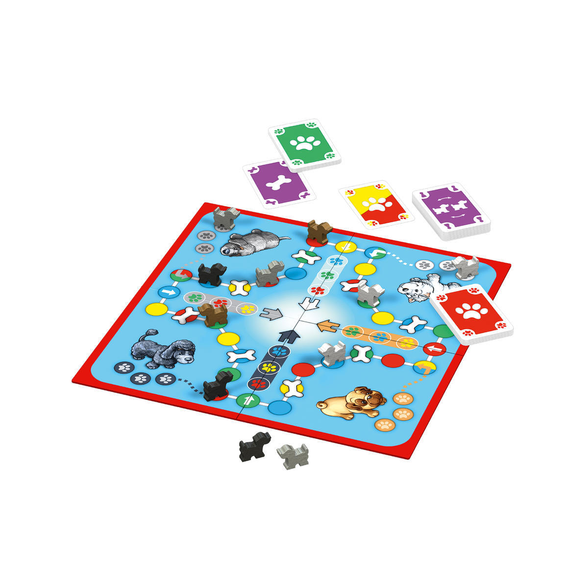 Gra planszowa o tematyce psów. Plansza jest niebieska z czerwoną obwódką. Widoczne figurki psów i karty ze śladami łap.
