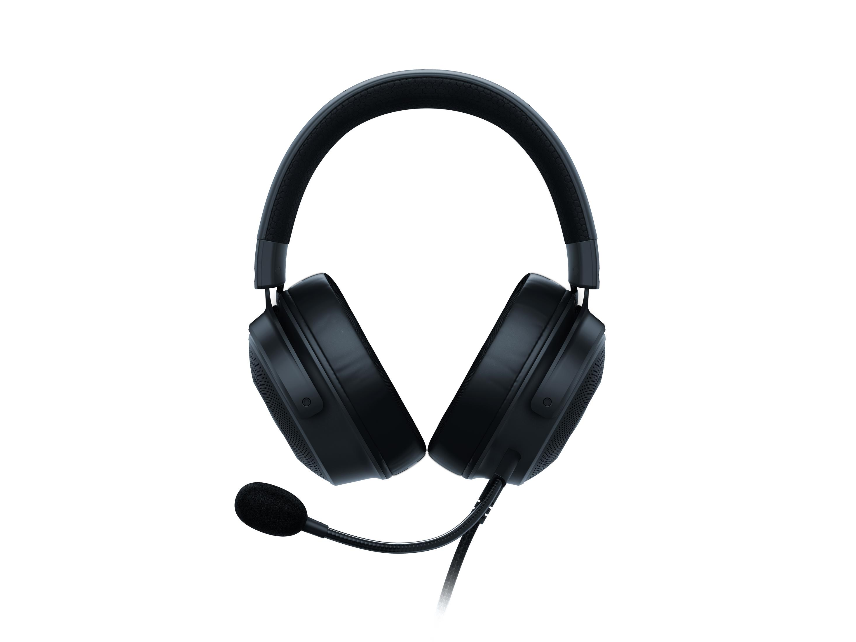 Ein schwarzes Gaming-Headset mit Mikrofon. Das Headset ist vor weißem Hintergrund zentriert.