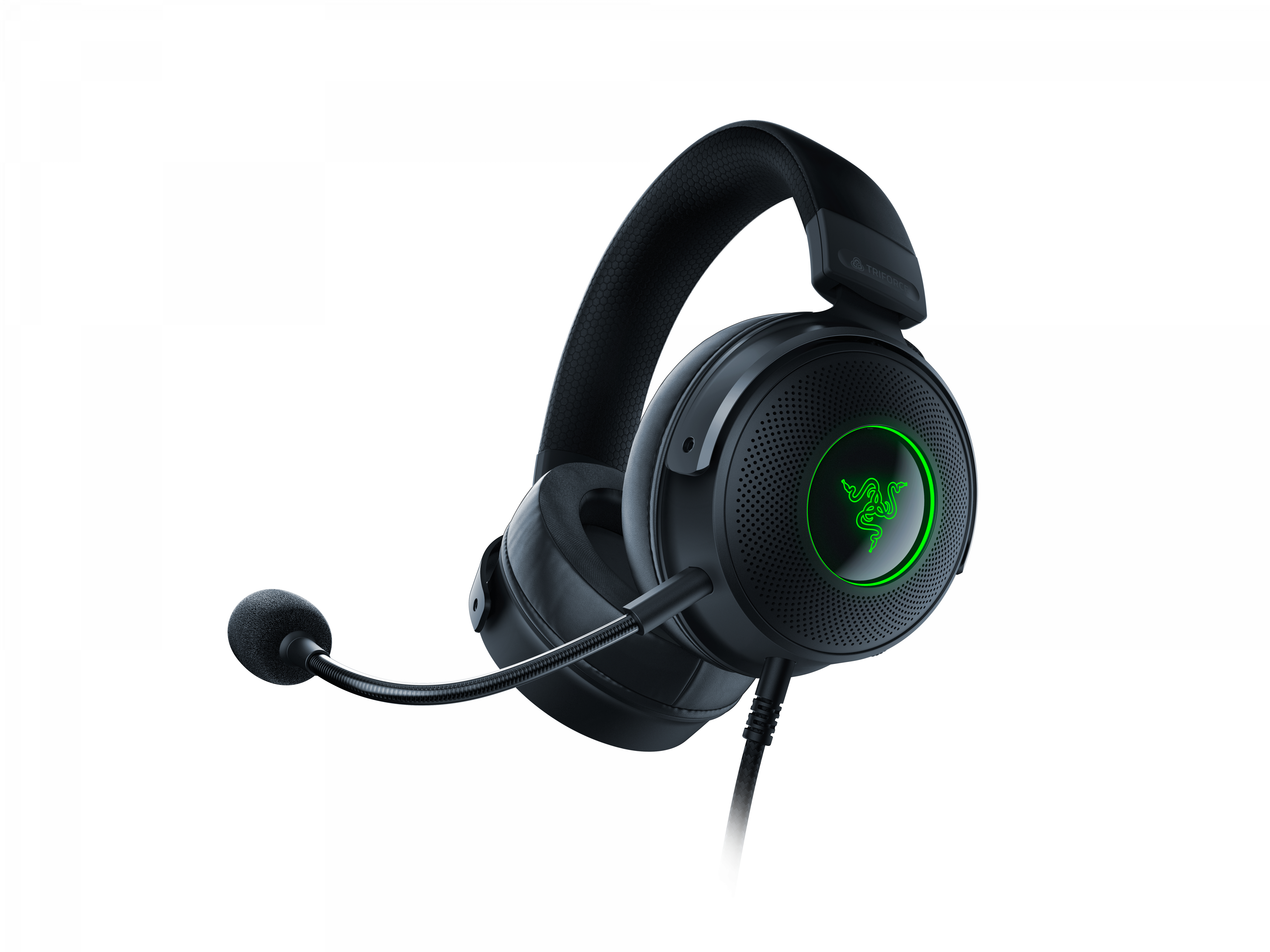 Schwarzes Razer-Gaming-Headset mit Mikrofon. Der Ohrmuschel hat ein grünes Logo. Der Hintergrund ist weiß.