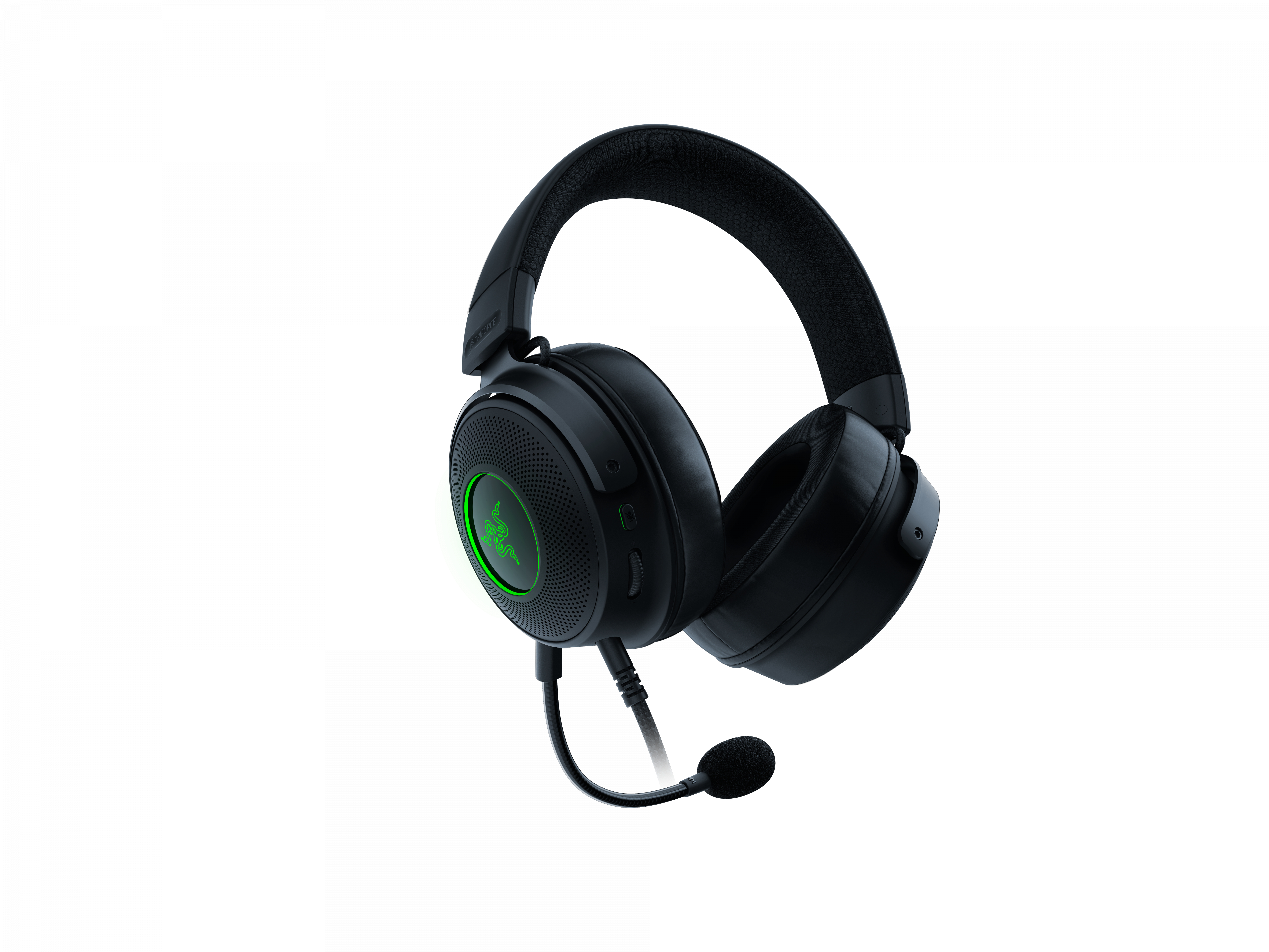 Schwarzes Razer-Gaming-Headset mit grünem Logo auf weißem Hintergrund, mit Mikrofon.