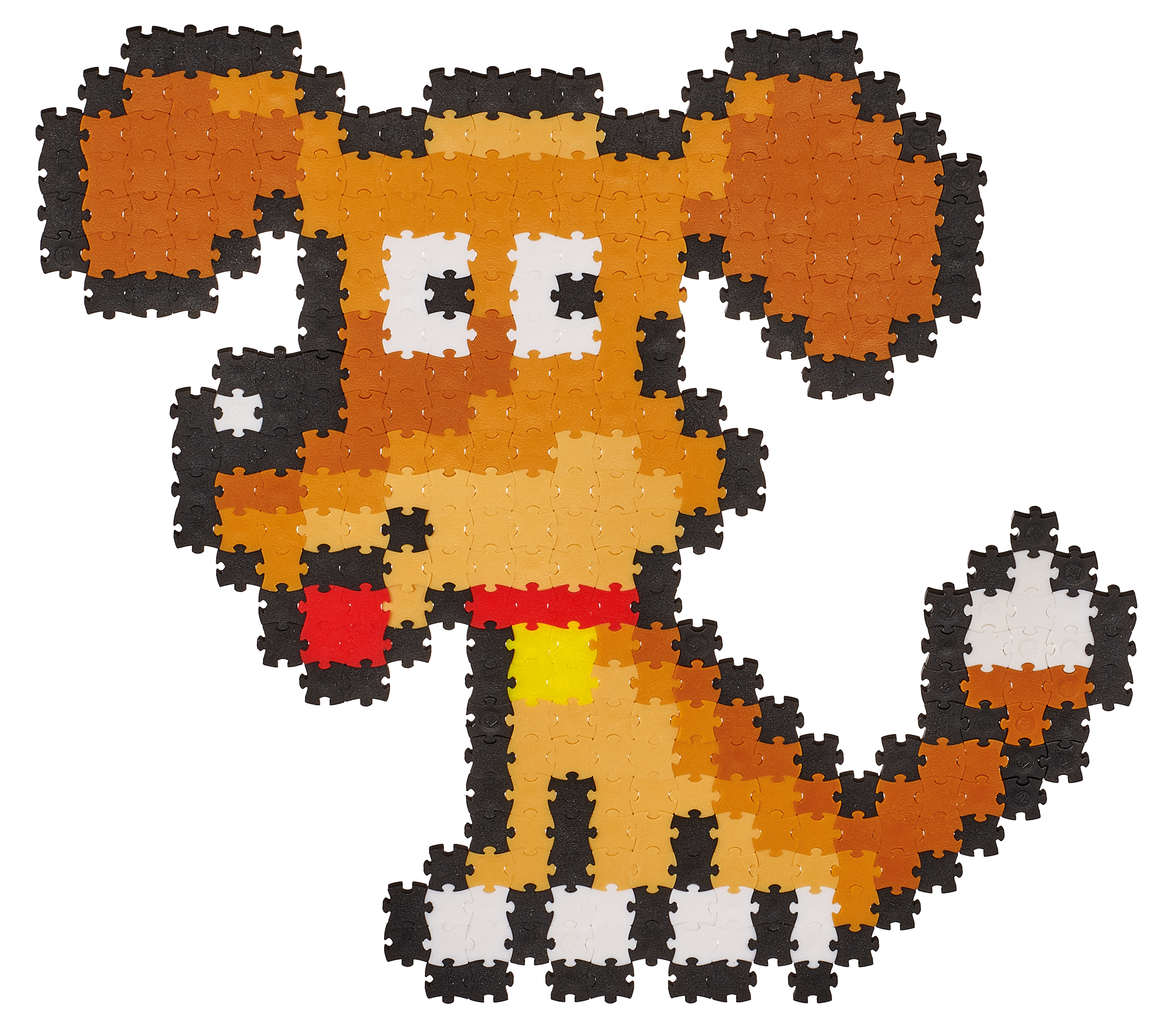 Pies z puzzli. Jest brązowy, czarny, biały i czerwony na białym tle.