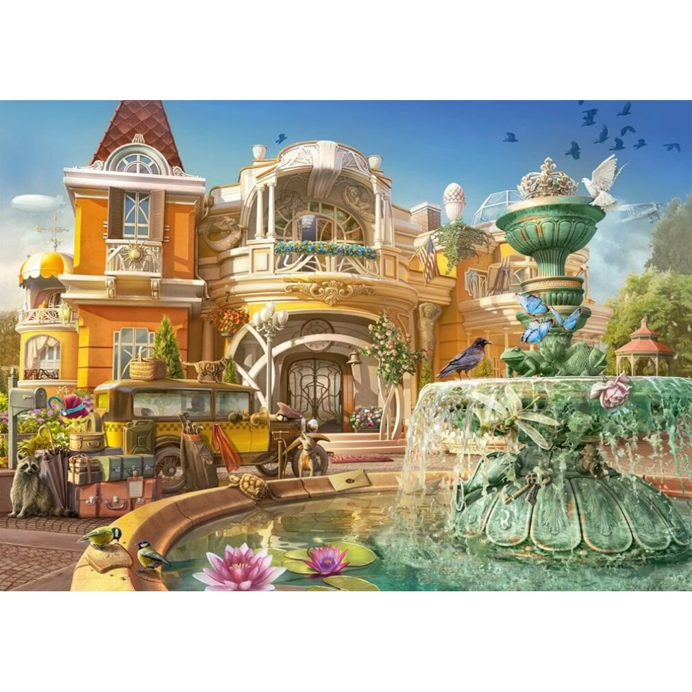 Una casa colorida con una fuente delante. Un coche amarillo está aparcado cerca. Aves, mariposas y flores decoran la escena.