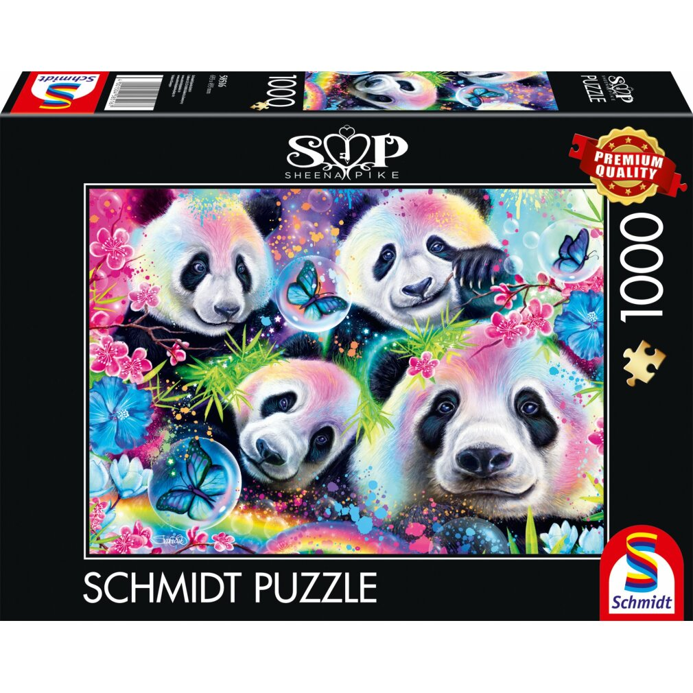 Pudełko z puzzlami z pandami, motylami i kwiatami. To puzzle Schmidt 1000 elementów.
