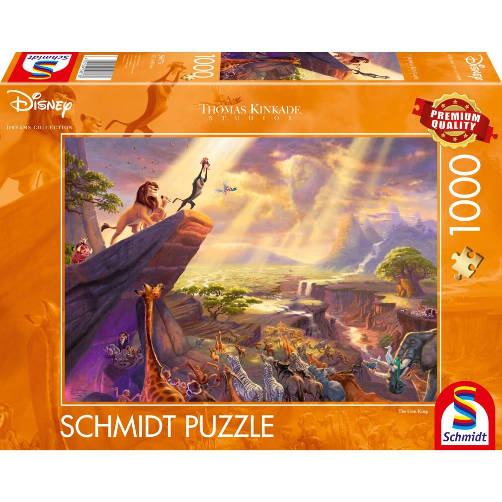 Puzzle Król Lew autorstwa Thomasa Kinkade. Lwy na klifie, zwierzęta gromadzą się poniżej. Jasne niebo z wodospadami i górami.