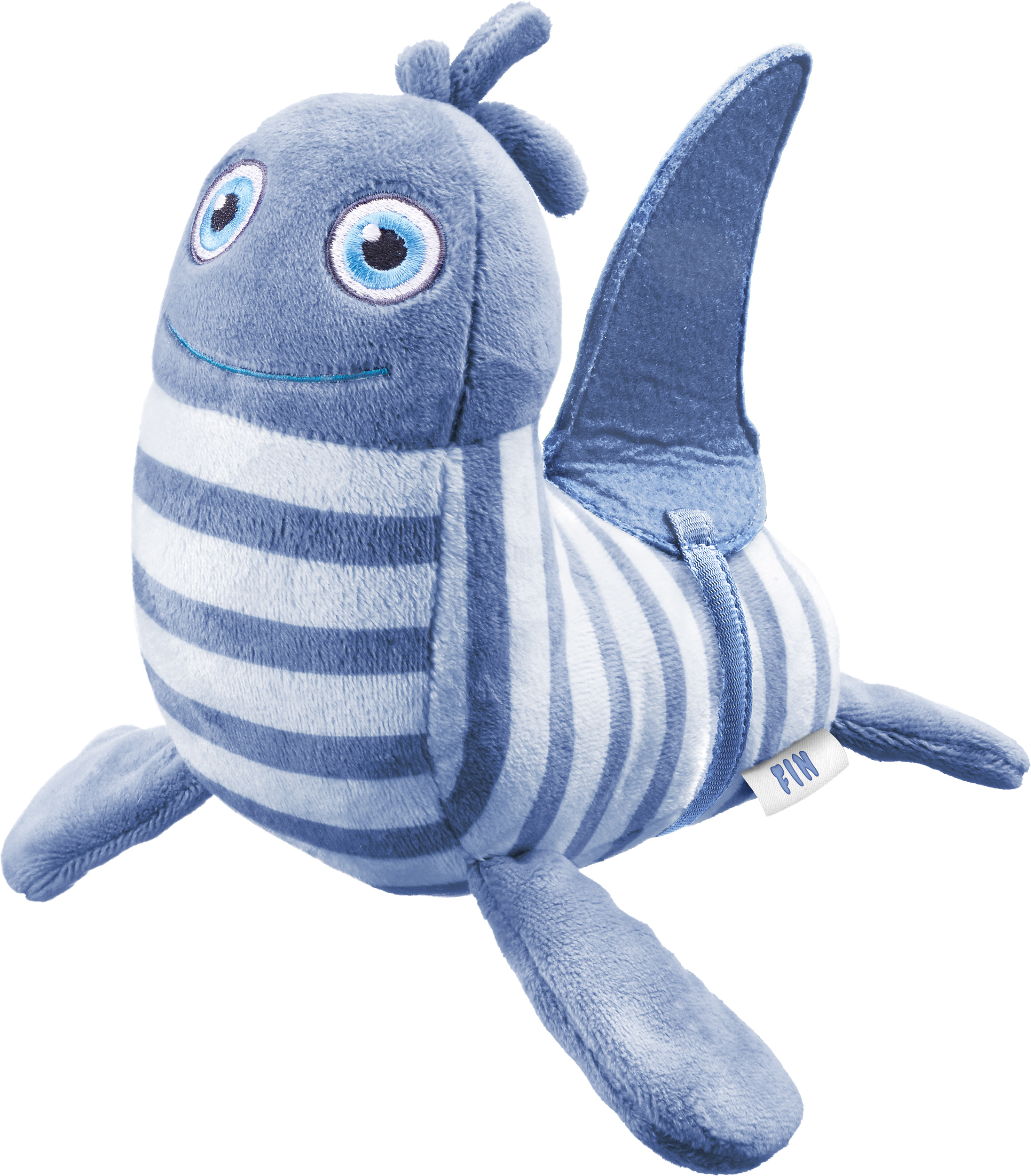 Ein blaues Plüschtier in Form einer Robbe. Es hat Streifen, Flossen und ein lächelndes Gesicht. Es ist auf weißem Hintergrund.