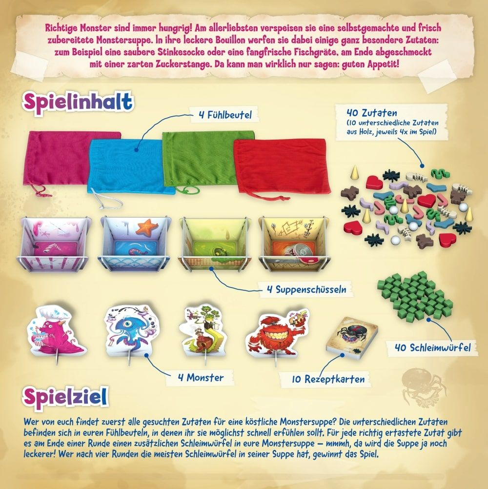 Spielbrett mit Zutaten und Monstern. Anweisungen oben. Das Spiel enthält Schüsseln, Karten und Würfel.