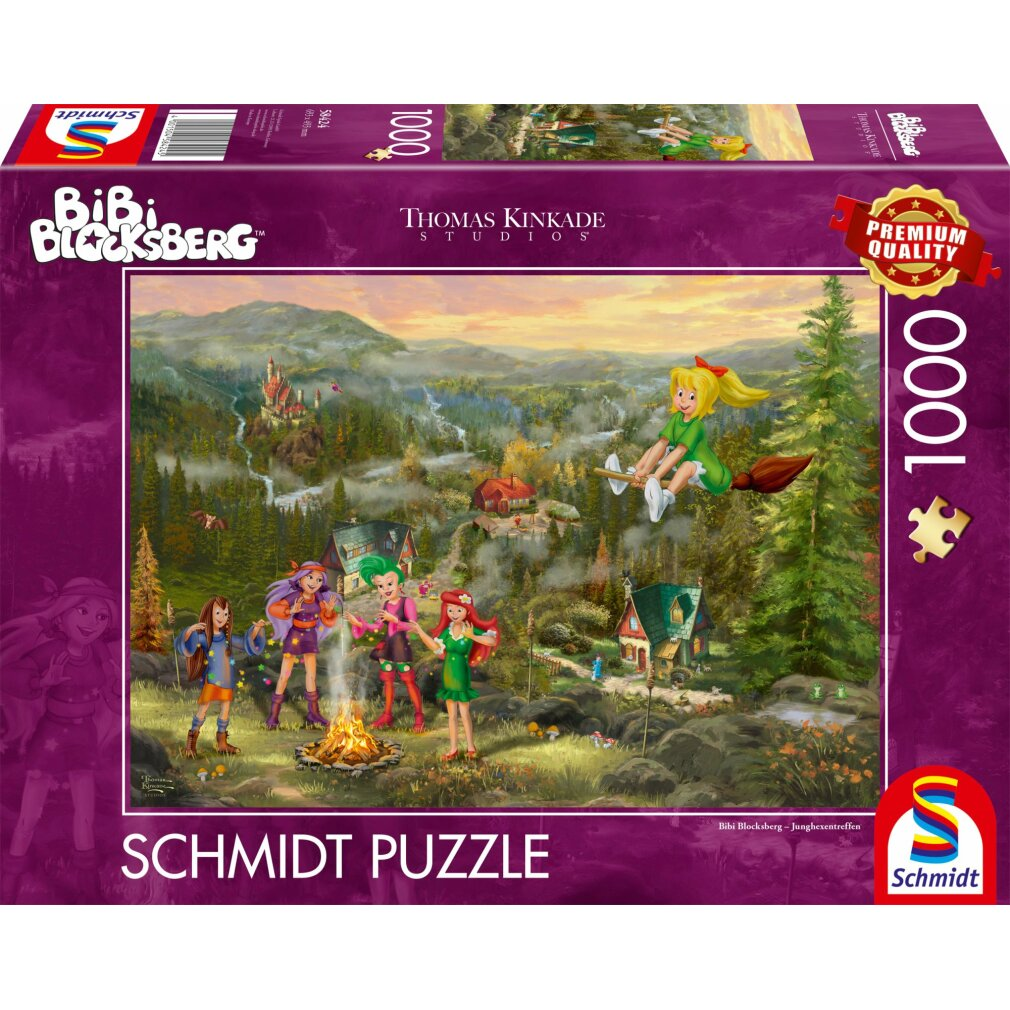 Scatola di puzzle a tema Bibi Blocksberg. Mostra un gruppo di streghe, una strega volante, case, una foresta e un castello sullo sfondo.