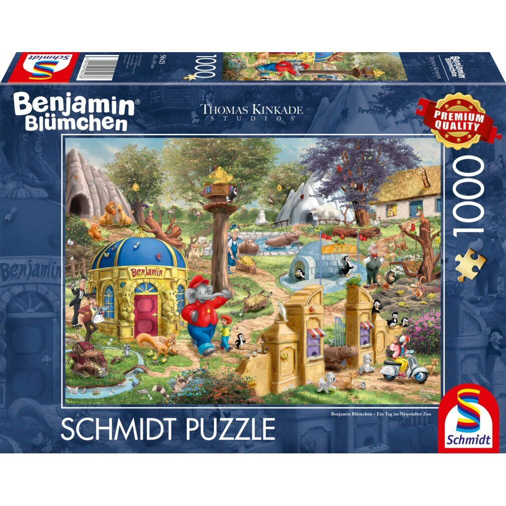 Puzzledose mit einer Zooszene mit Tieren, Figuren und Gebäuden. Die Box hat das Benjamin Blümchen Logo und das Schmidt Puzzle Logo.