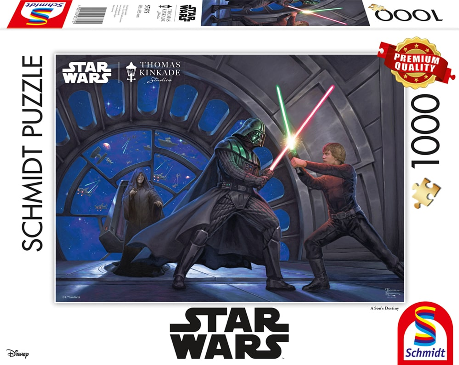 Puzzle Star Wars. Darth Vader i Luke Skywalker walczą mieczami świetlnymi. Imperator obserwuje z okna.