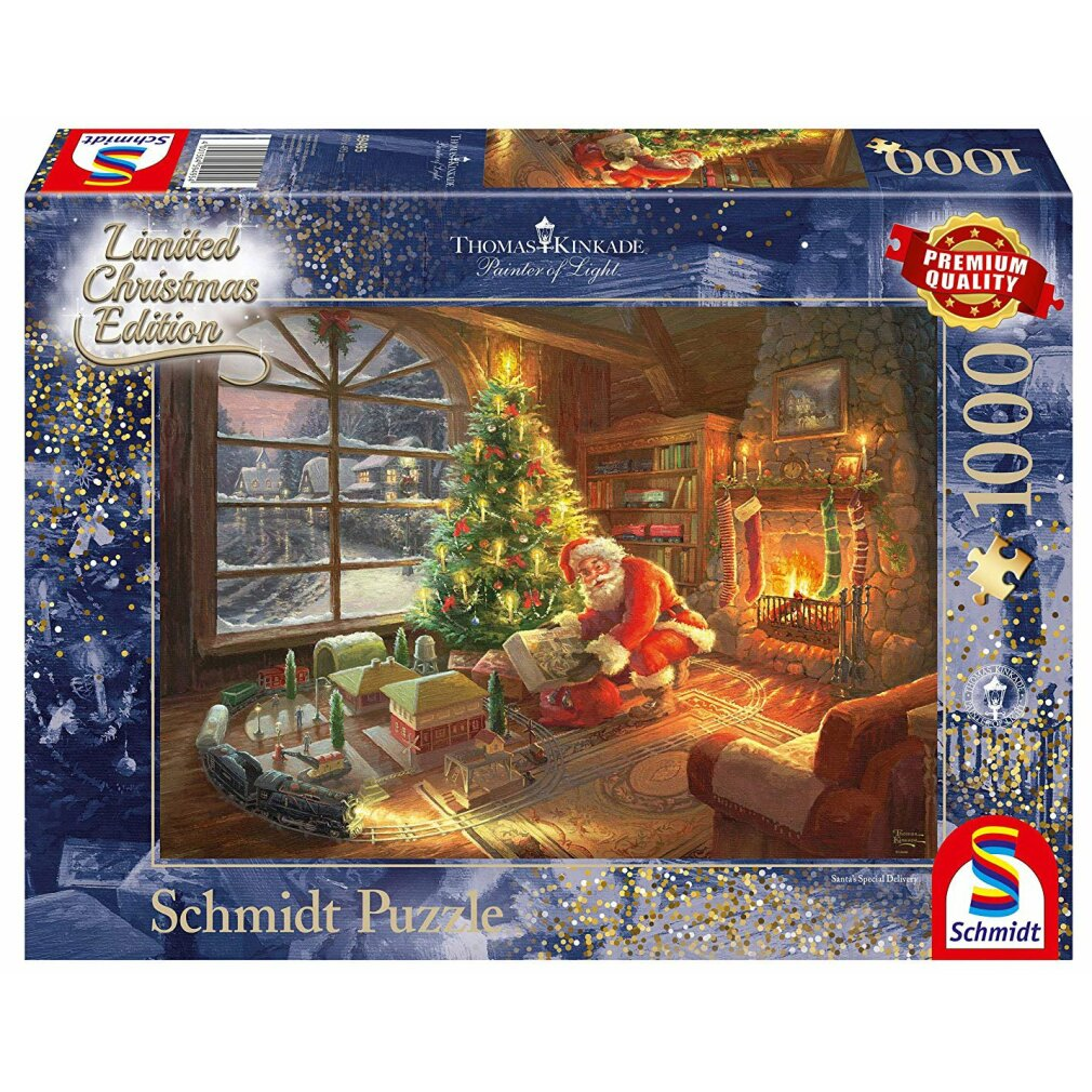 Ein Weihnachtspuzzle zeigt den Weihnachtsmann in einem gemütlichen Raum mit Baum, Kamin und Eisenbahn.