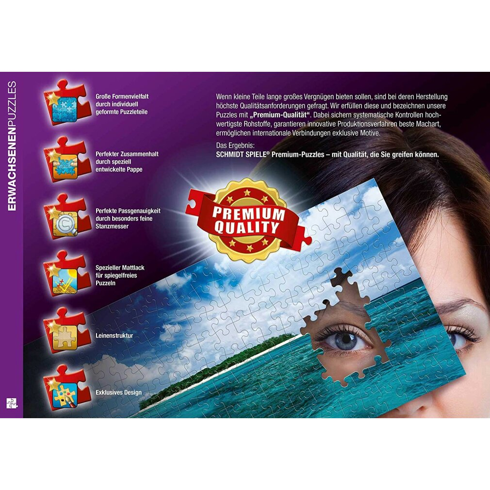 Puzzle mit Frauenauge, Meeresblick. Premium-Qualitätslabel. Text über Puzzleeigenschaften und Marke.