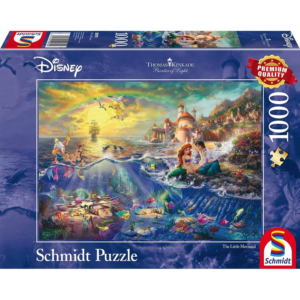 Eine Disney-Puzzledose mit einer "Arielle, die Meerjungfrau"-Szene. Arielle und Eric am Ufer, mit Burg, Schiff und Unterwasserszenen.
