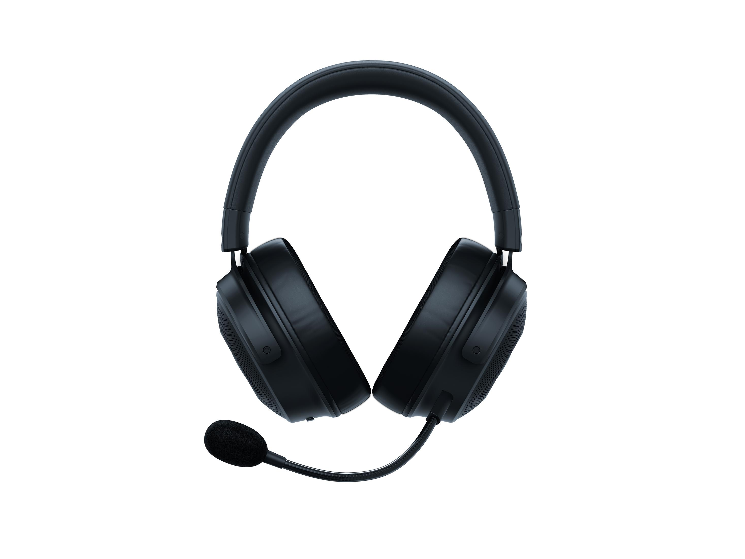 Black headphones with a microphone. The headphones are on a white background.