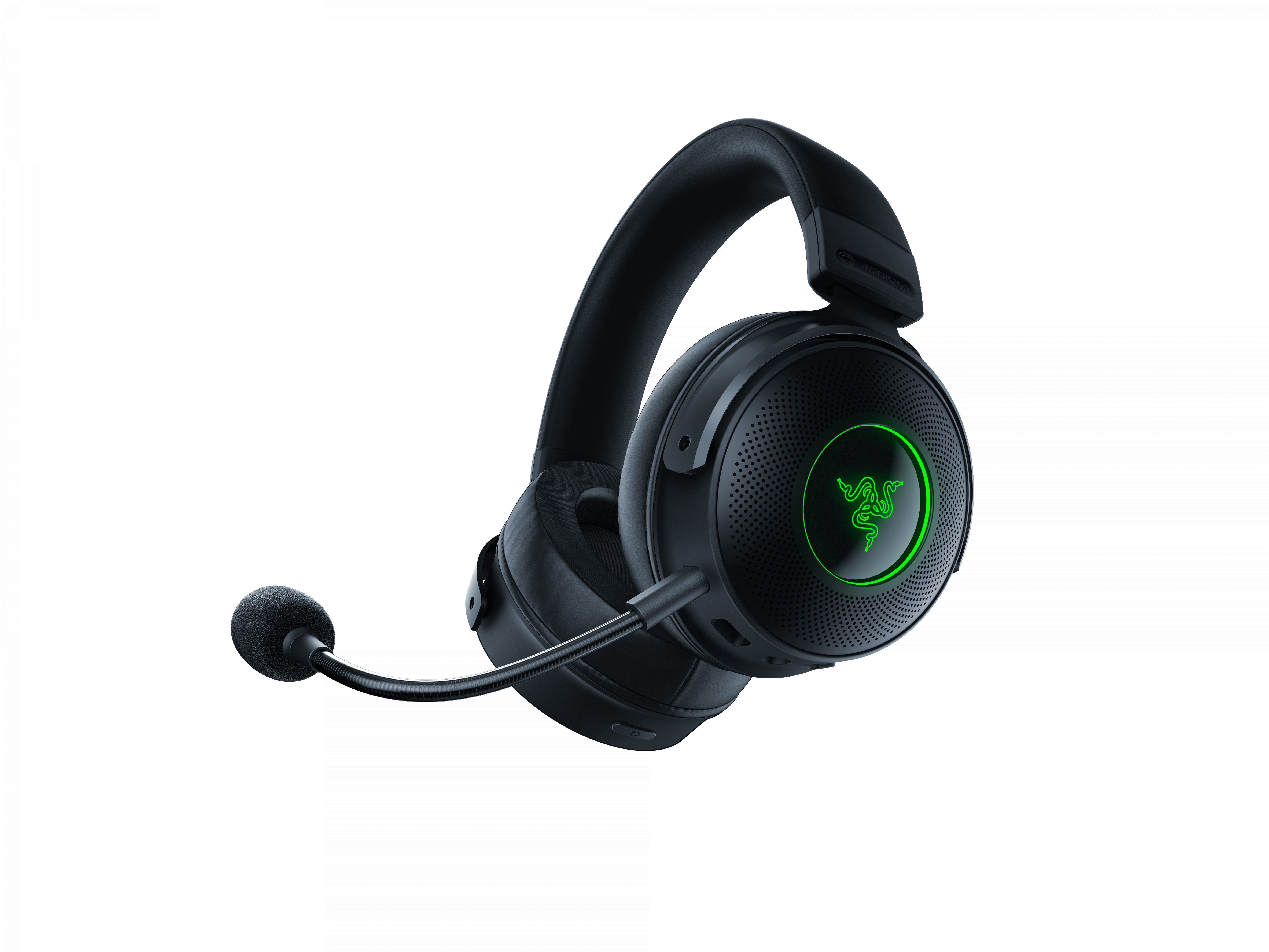 Black gaming headset with a microphone. It has a green illuminated logo. The background is white.