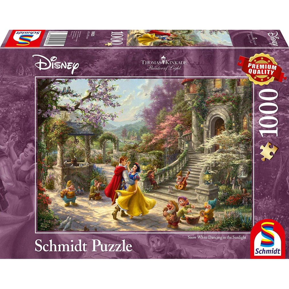 Puzzledose zeigt Schneewittchen, die mit dem Prinzen tanzt, umgeben von Zwergen, in einem Garten, mit einem Schloss im Hintergrund.