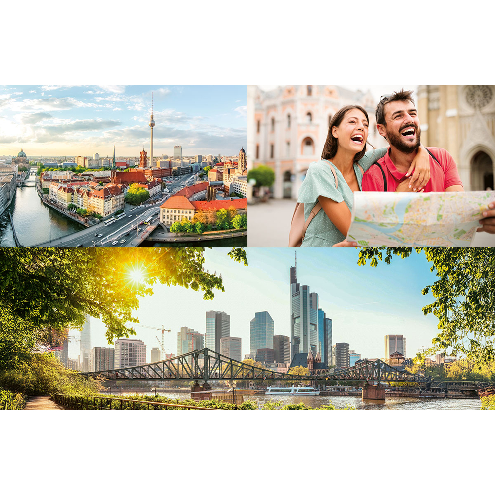 Collage von Reisebildern: Berliner Stadtbild, lachendes Paar mit Karte und Frankfurter Skyline mit Brücke und Fluss.