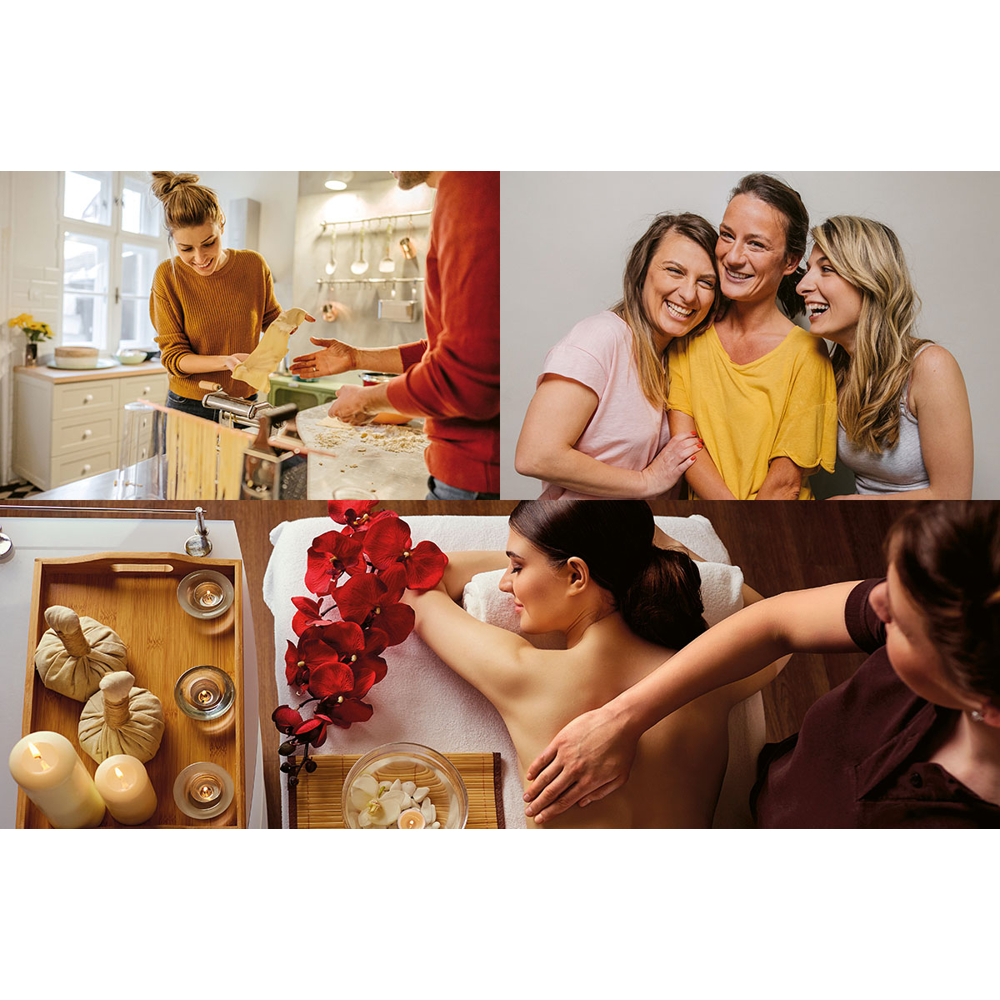 Eine Collage, die Menschen beim Kochen, lächelnde Frauen und eine Frau, die eine Massage erhält, zeigt. Spa-Elemente sind sichtbar.