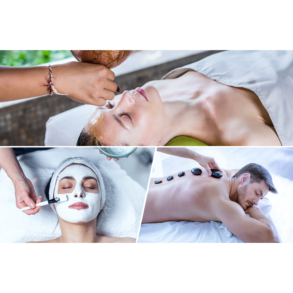 Das Bild zeigt Spa-Behandlungen: Gesichtsmaskenauftrag, Hot-Stone-Massage und das Gießen von Flüssigkeit auf das Gesicht einer Person.
