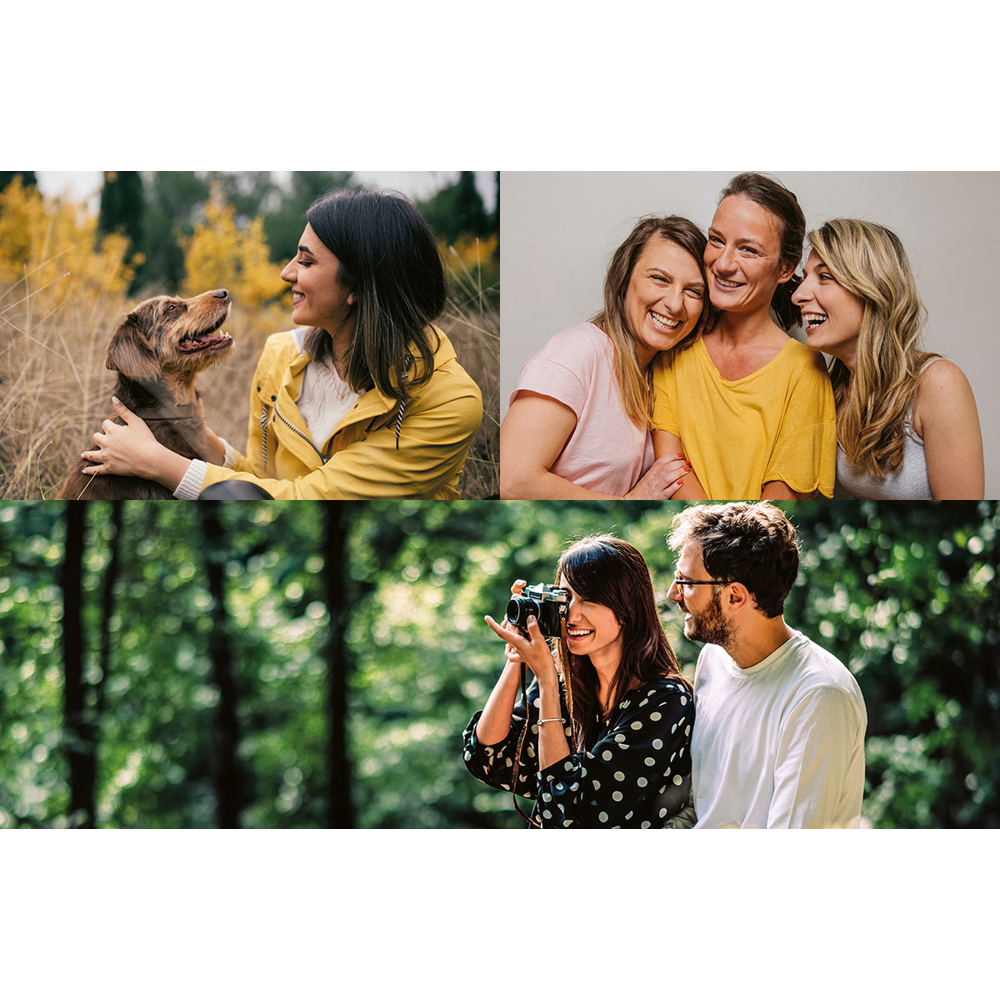 Collage von drei Szenen: Frau mit Hund, drei lächelnde Frauen, Paar macht Foto. Alle lächeln und haben Spaß.