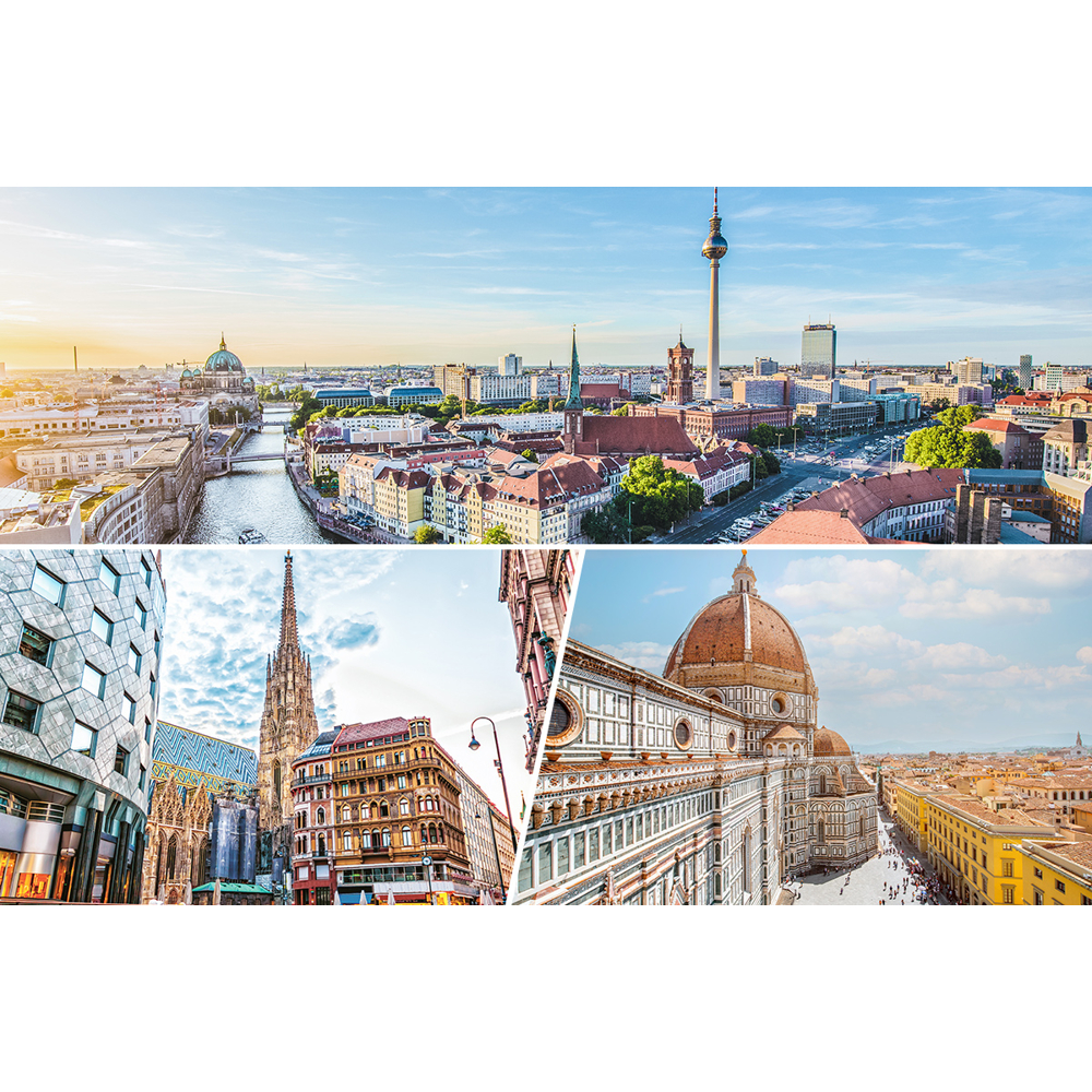 Collage von Stadtlandschaften: Berlin mit Fernsehturm, Wien mit Dom und Florenz mit Dom. Klarer Himmel und vielfältige Architektur.