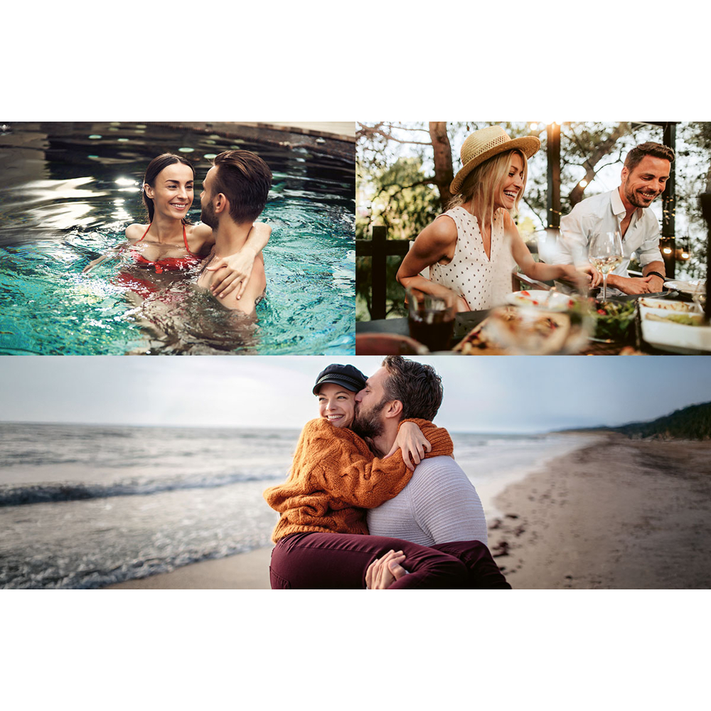Drei Szenen: Paar im Pool, Leute am Esstisch, Paar am Strand, Mann trägt Frau, küsst sie.