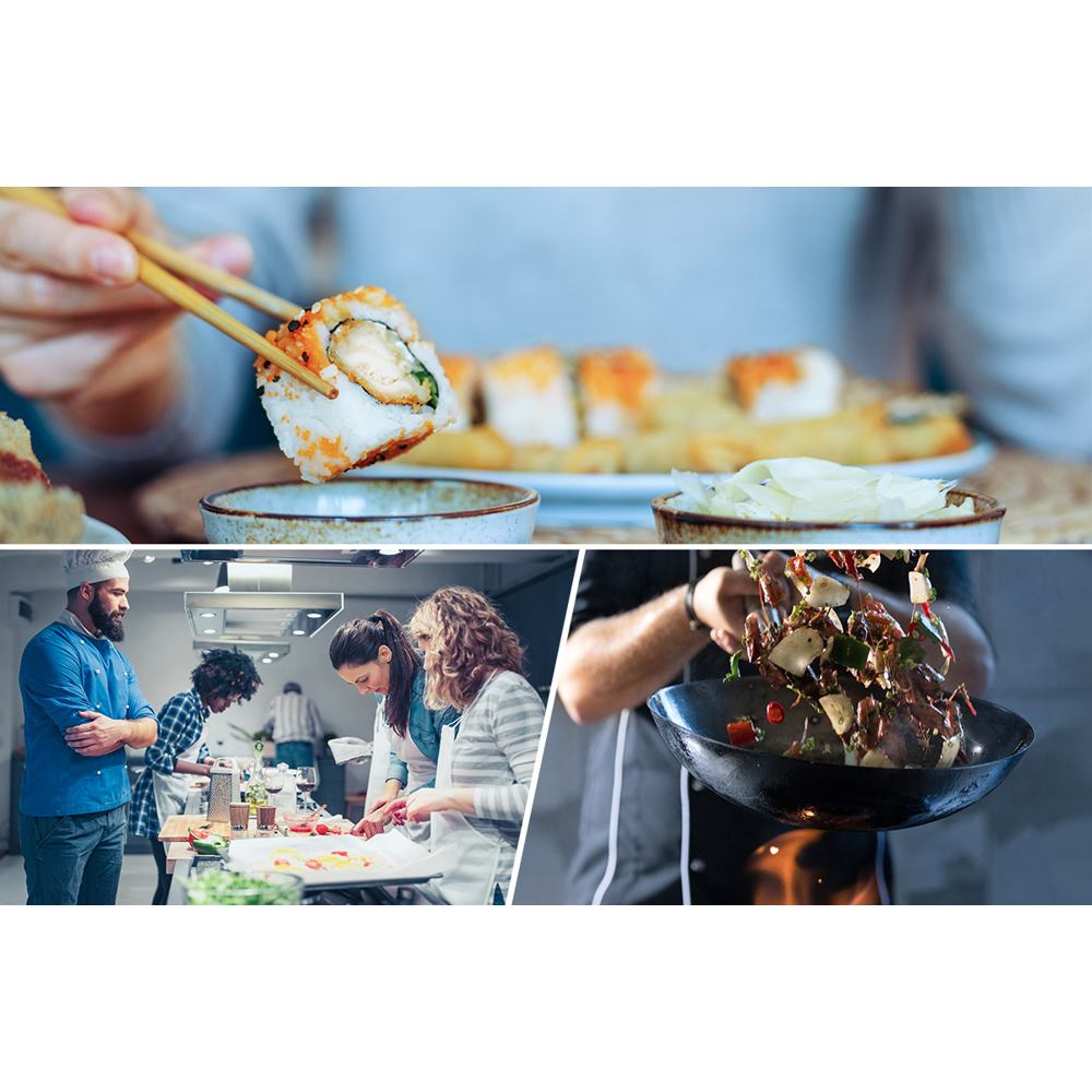 Sushi-Rolle mit Stäbchen, Köche kochen in der Küche, Pfannenrühren in der Pfanne über dem Feuer.
