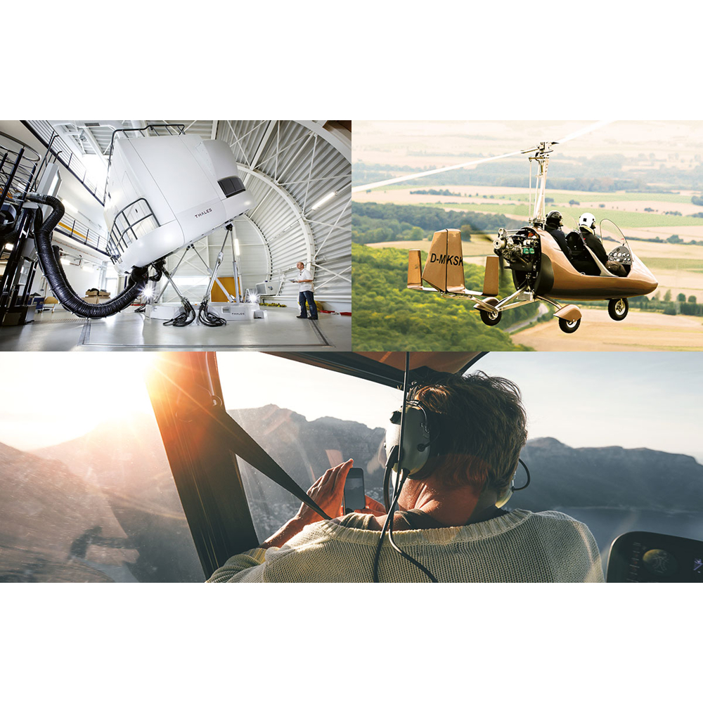 Eine Collage, die einen Flugsimulator, einen Tragschrauber im Flug und eine Person zeigt, die ein Telefon in einem Hubschrauber mit Bergansicht benutzt.