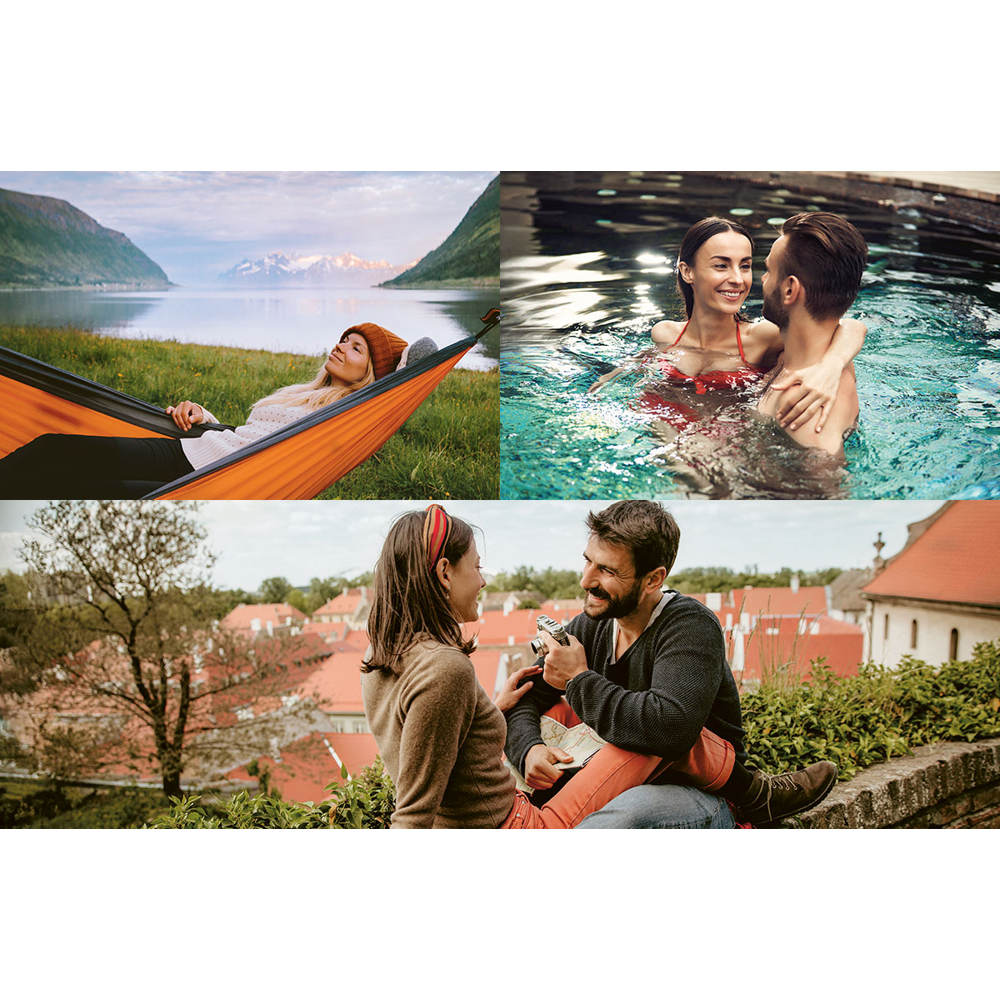 Eine Frau entspannt sich in einer Hängematte, ein Paar umarmt sich in einem Pool, und ein anderes Paar schaut auf eine Kamera.