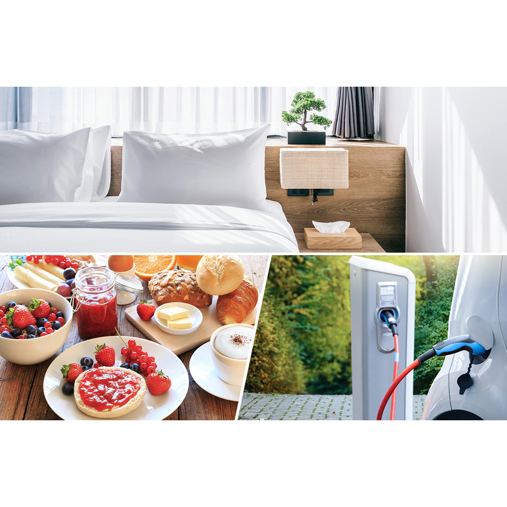 Ein Hotelzimmer mit Bett, Frühstück, und Elektroauto-Aufladung. Beinhaltet Beeren, Kaffee, Brot und einen Bonsai-Baum.