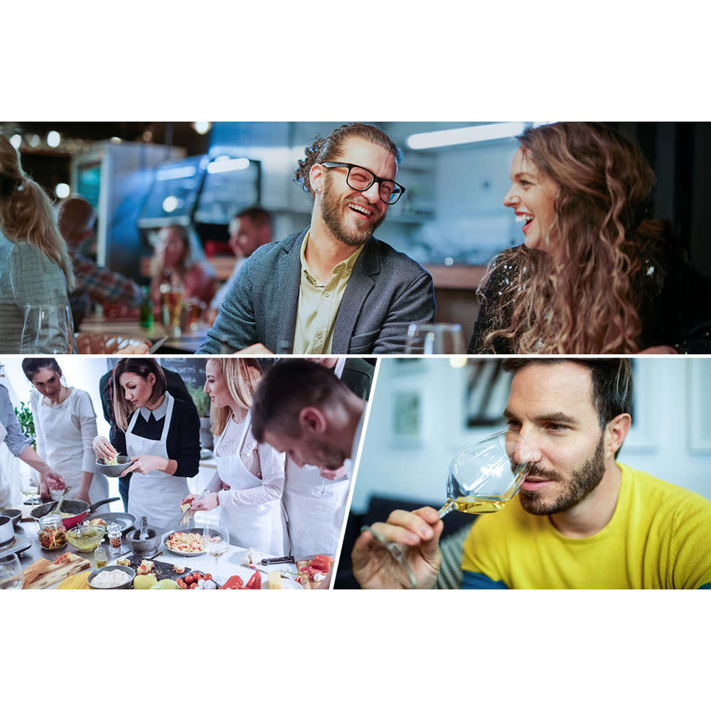 Das Bild zeigt verschiedene Szenen: Menschen in einem Restaurant, einen Kochkurs und einen Mann, der Wein probiert. Alle amüsieren sich.