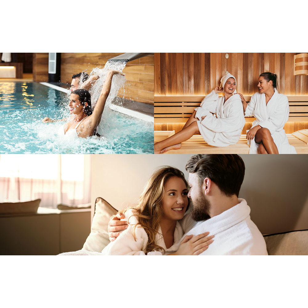 Das Bild zeigt Menschen, die Spa-Anwendungen genießen. Eine Szene zeigt Menschen in einem Pool, eine andere in einer Sauna und ein Paar, das sich umarmt.