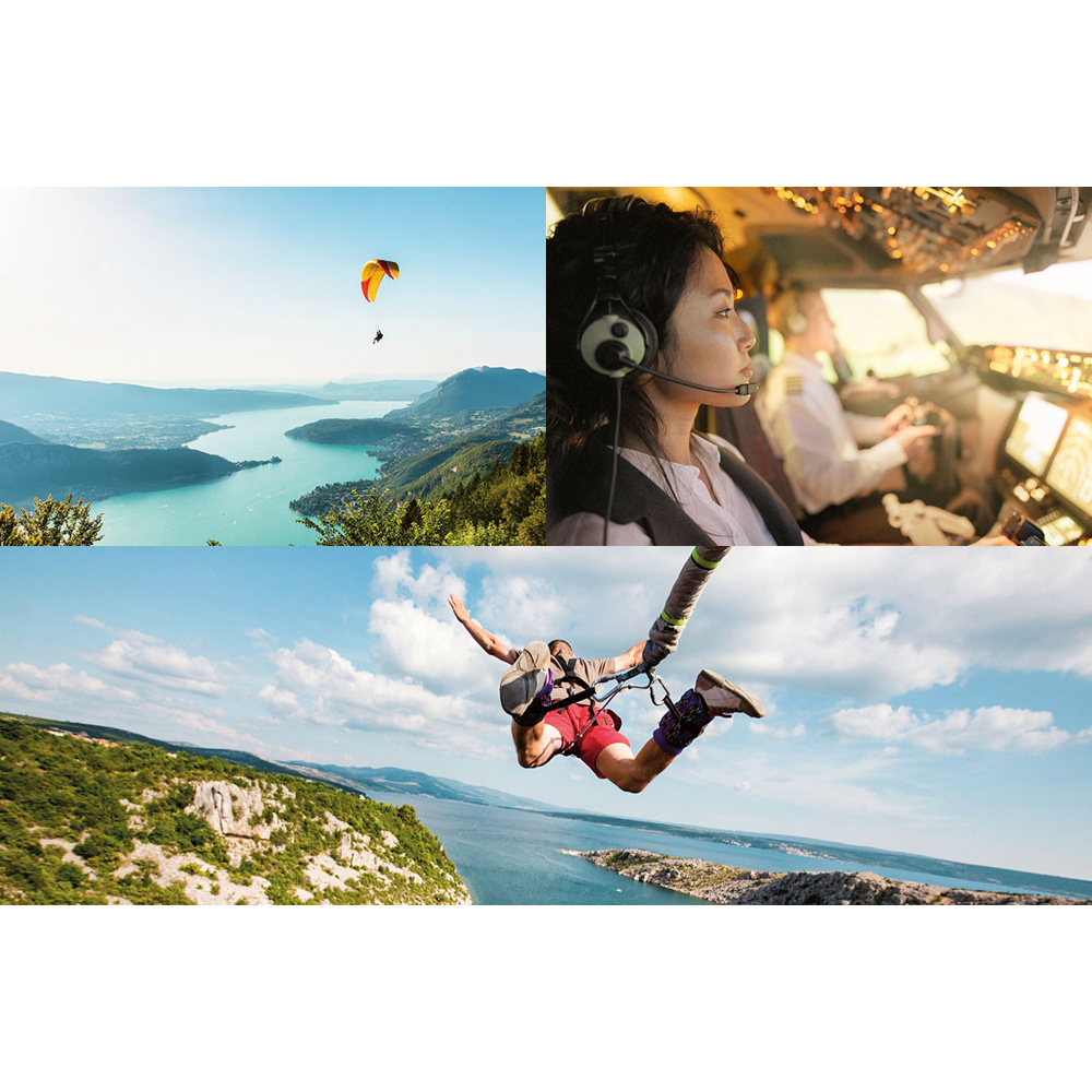 Ein Gleitschirmflieger fliegt über einem See, eine Frau im Flugzeugcockpit und ein Mann beim Bungee-Jumping.
