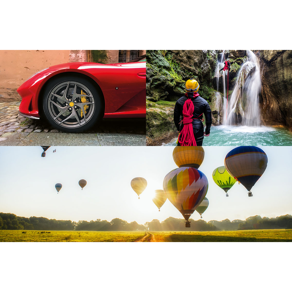 Roter Sportwagen, Person beim Abseilen in der Nähe eines Wasserfalls und Heißluftballons über einem Feld.