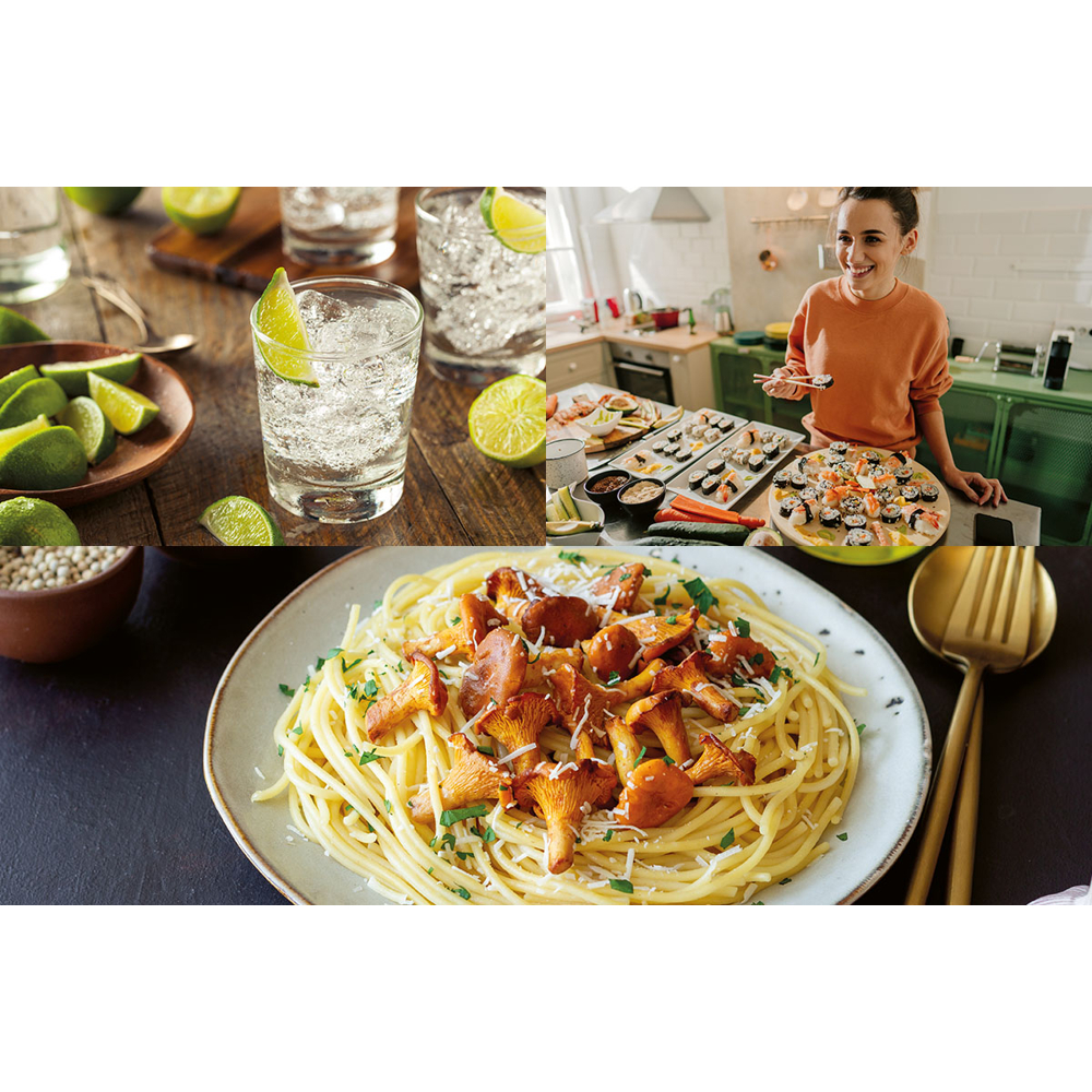 Das Bild zeigt Cocktailgläser, Limetten, Pasta mit Pilzen und eine Frau mit Sushi in einer Küchenumgebung. Goldenes Besteck ist platziert.