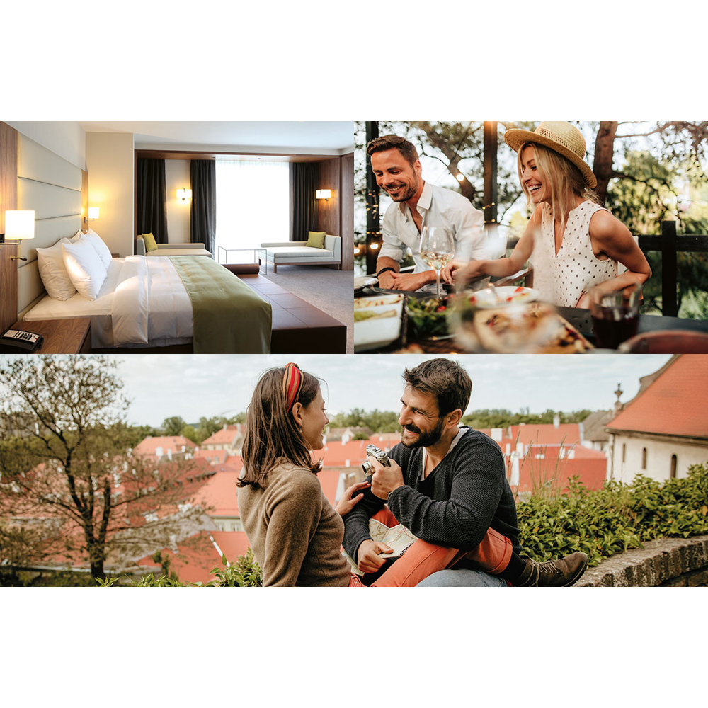 Ein Hotelzimmer, ein Paar, das im Freien speist, und ein weiteres Paar, das sich Fotos mit Stadtblick ansieht.