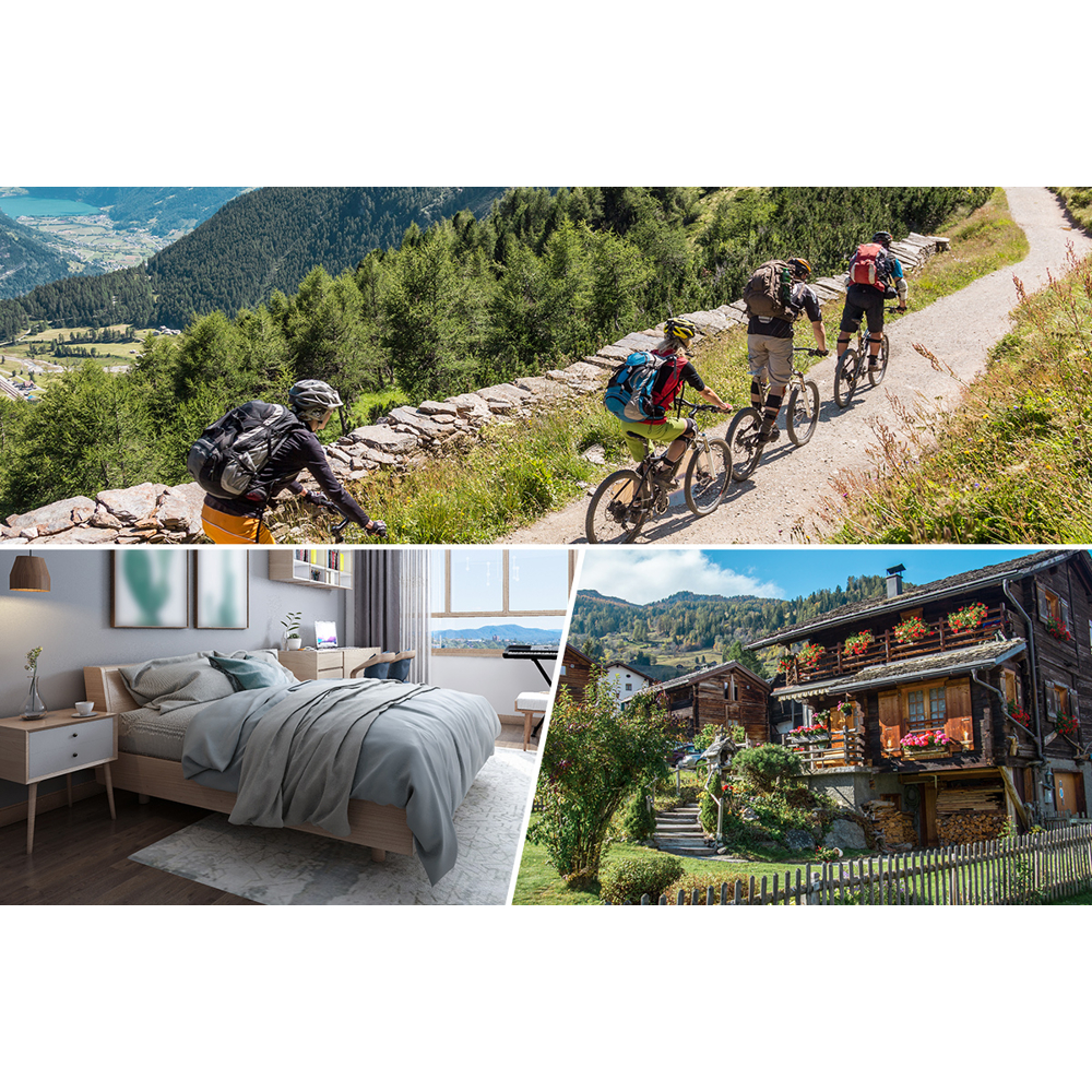 Das Bild zeigt Radfahrer auf einem Bergpfad, ein Schlafzimmer und Holzhäuser mit Blumen. Im Hintergrund sind Berge und ein See zu sehen.