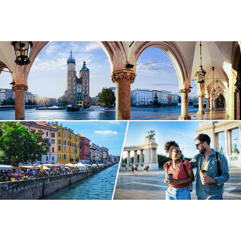 Eine Collage mit europäischen Stadtlandschaften. Enthält eine Kirche, einen Kanal mit bunten Gebäuden und ein Paar.