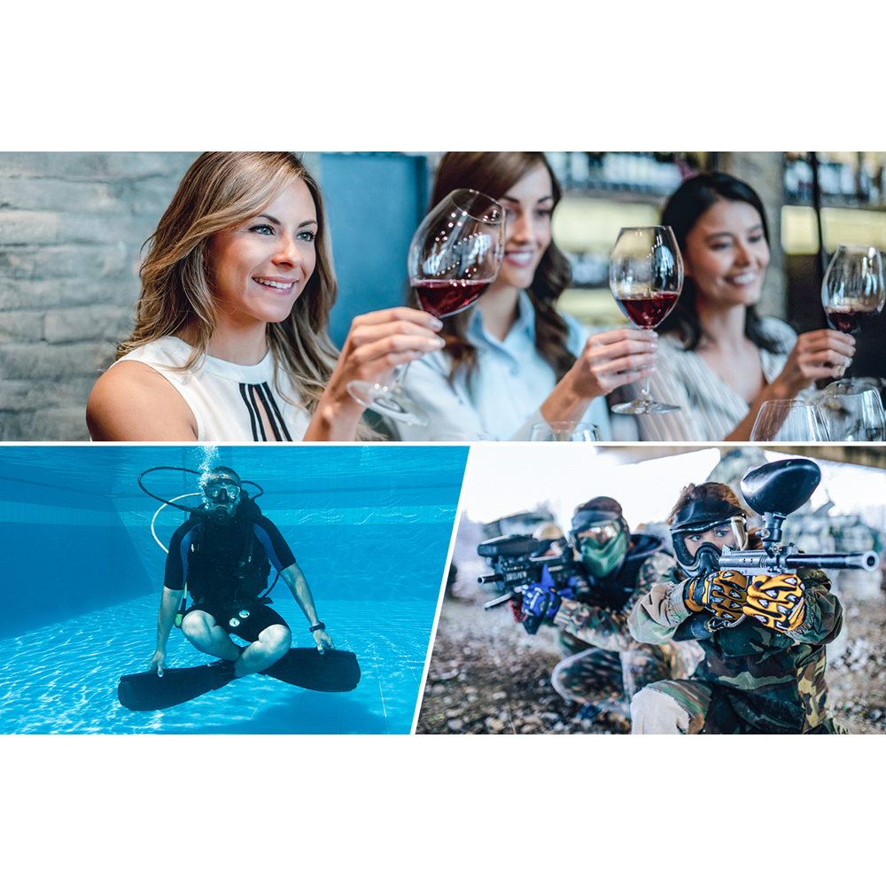 Das Bild zeigt drei Szenen: Frauen mit Wein, einen Taucher in einem Pool und Paintballspieler, die mit ihren Waffen zielen.