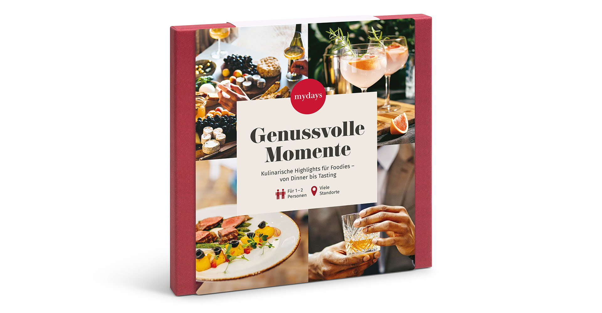 Box mit Essensbildern, darunter Getränke, ein Teller mit Essen und Text mit 'Genussvolle Momente'.