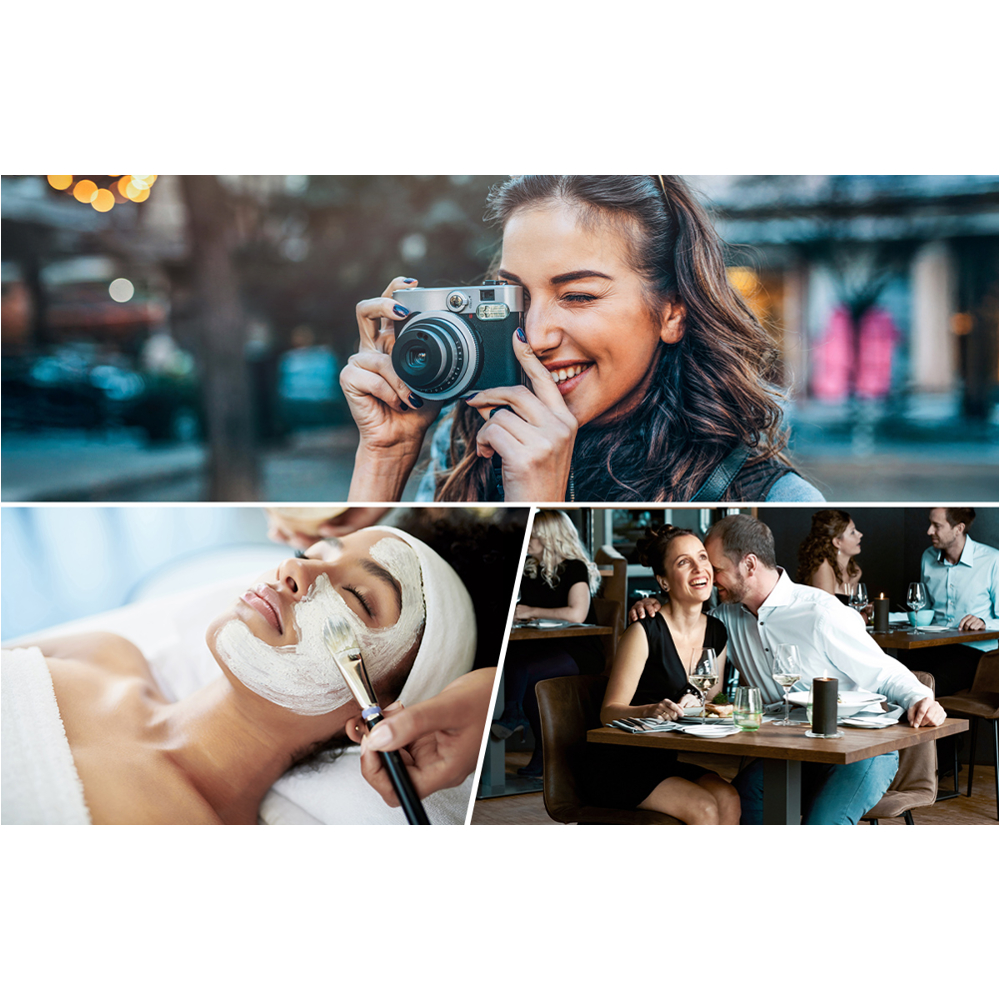 Collage: Frau mit Kamera, Gesichtsmaske, Paar beim Abendessen. Straßen-, Spa-, Restaurantszenen.