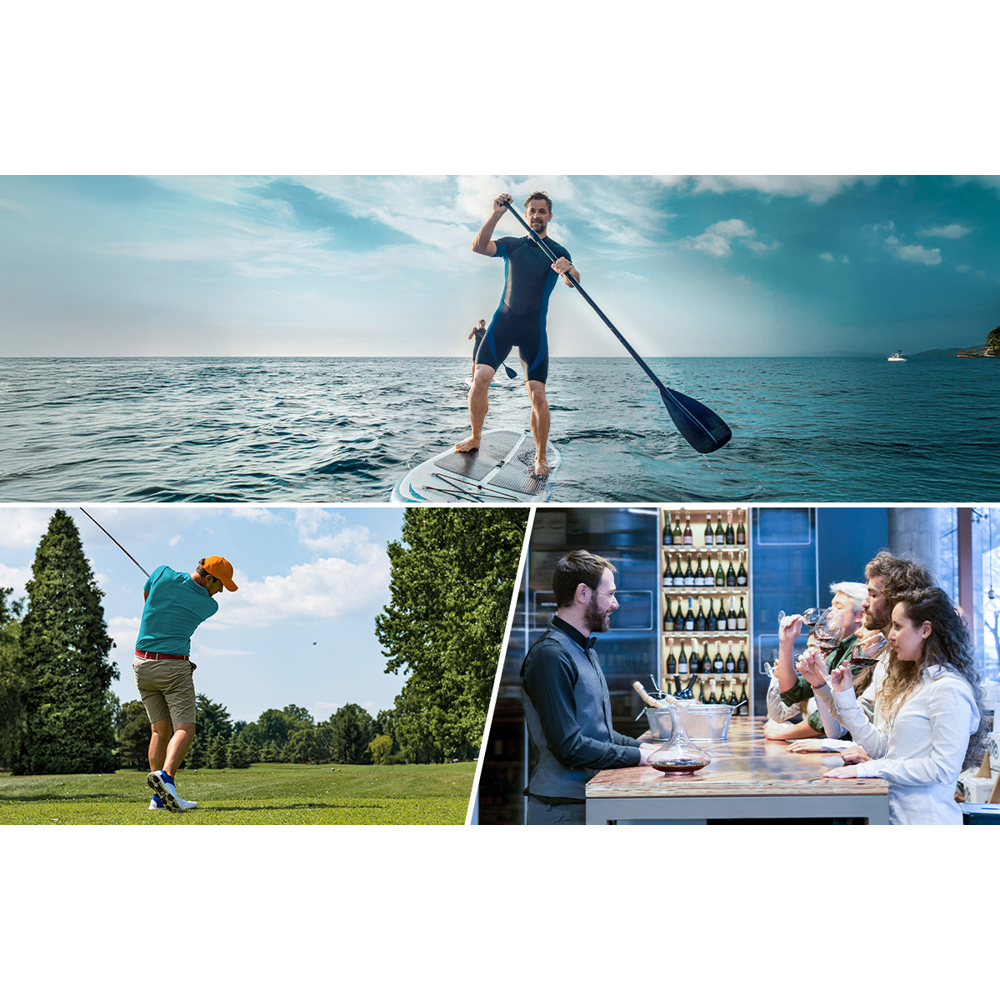 Ein Mann paddelt auf einem Surfbrett, ein Golfer schwingt und Leute probieren Wein. Szenen der Freizeit und des Genusses werden dargestellt.