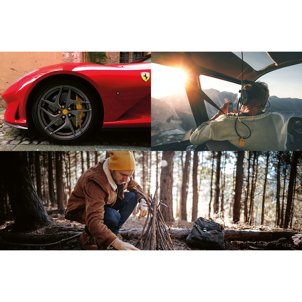 Ein roter Ferrari, eine Person im Helikopter macht Fotos und ein Mann, der im Wald ein Feuer entfacht.