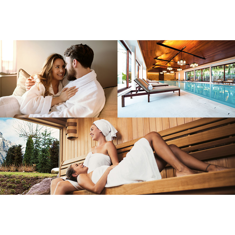 Collage von Spa-Entspannung: Paar in Bademänteln, Pool mit Liegen, zwei Frauen in einer Sauna und Bergblick.
