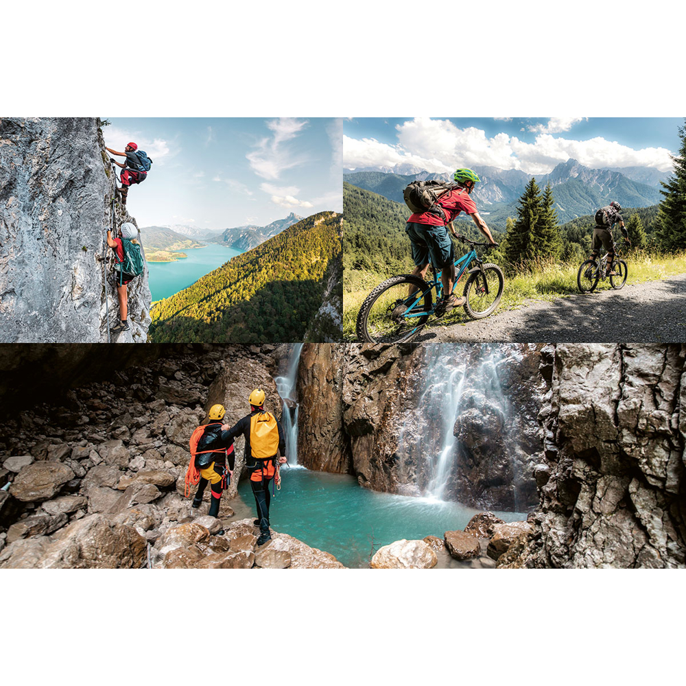 Das Bild zeigt Kletterer, Biker und Canyoning-Leute in der Nähe von Wasserfällen und einem See. Verschiedene Outdoor-Abenteuer werden dargestellt.