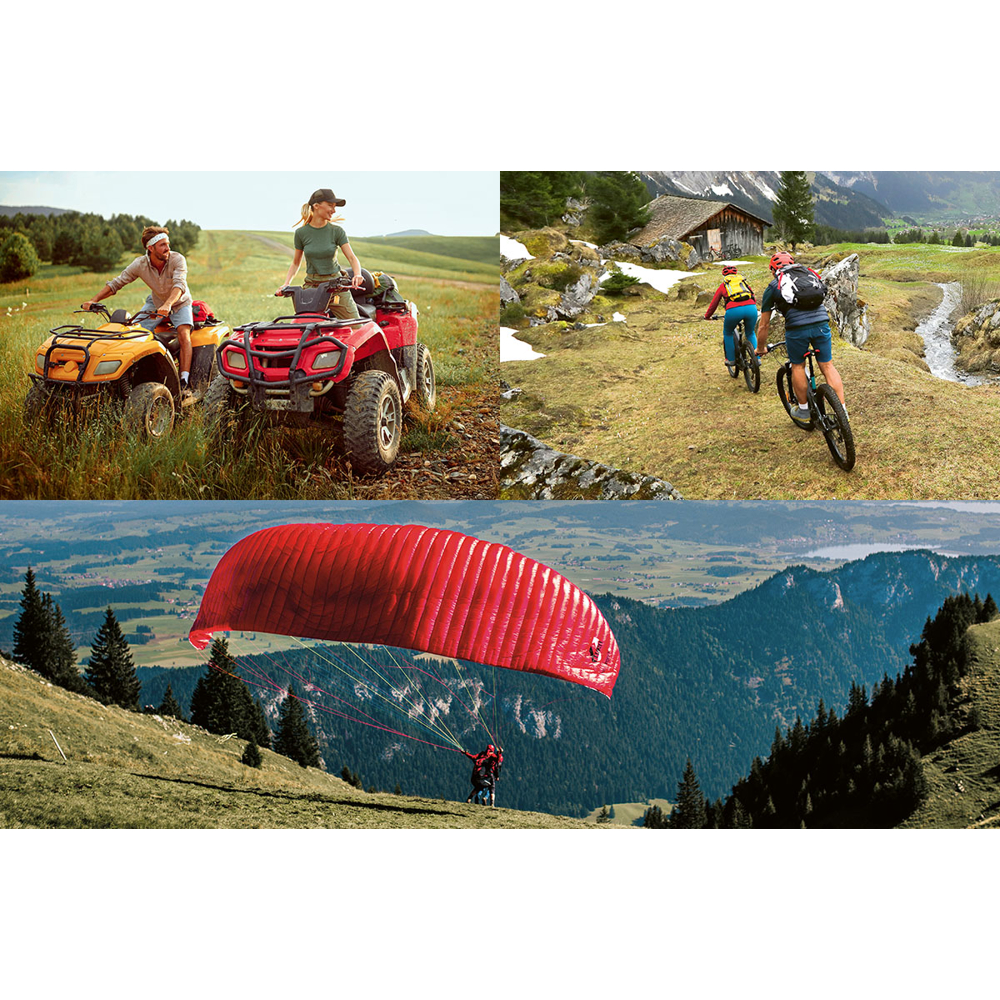 Das Bild zeigt Menschen, die Outdoor-Aktivitäten genießen: ATV-Fahren, Mountainbiking und Paragliding mit einem roten Fallschirm über einem Gebirge.