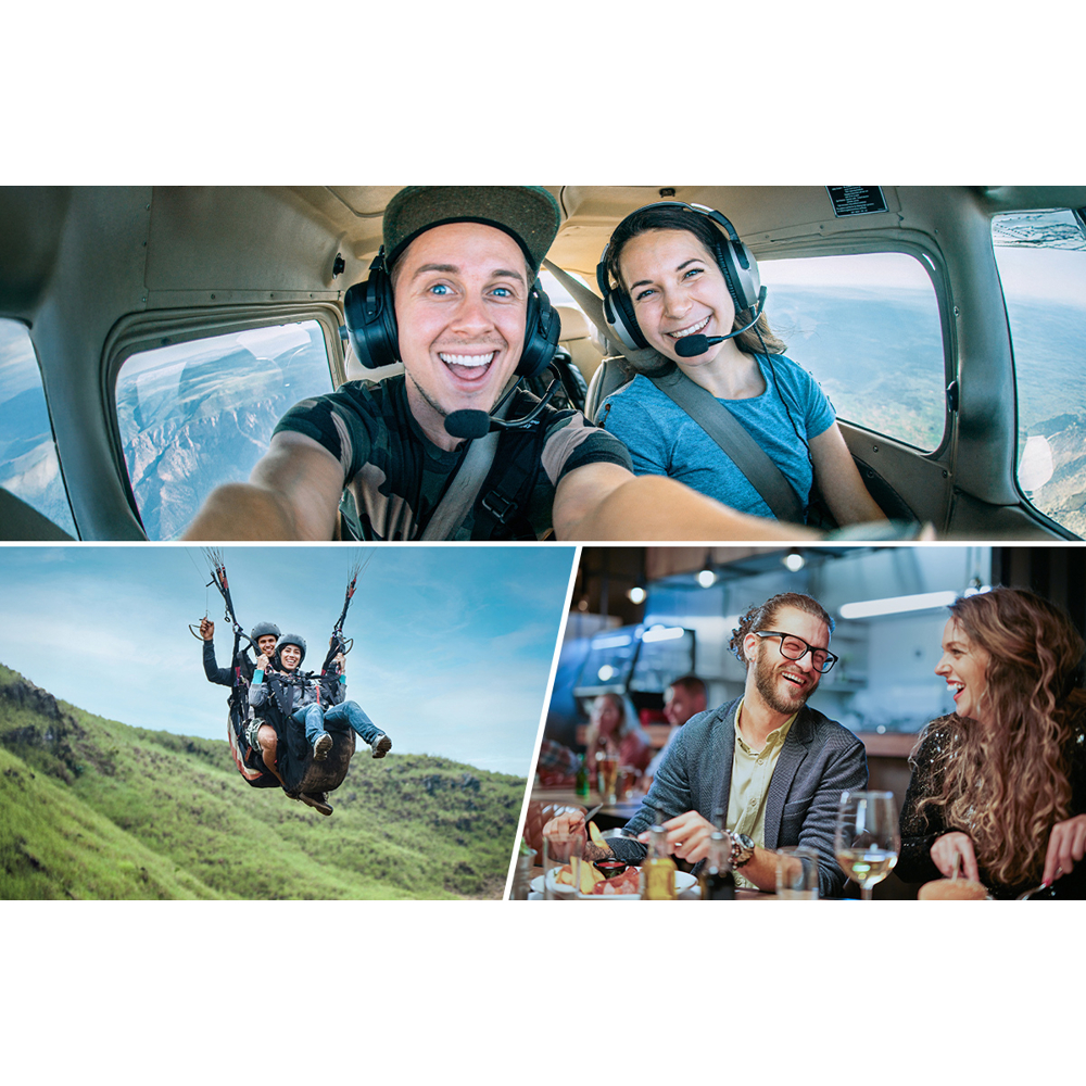 Bildmontage: Menschen in einem Flugzeug, beim Paragliding und beim Essen. Verschiedene Aktivitäten, die unterschiedliche Erlebnisse zeigen.