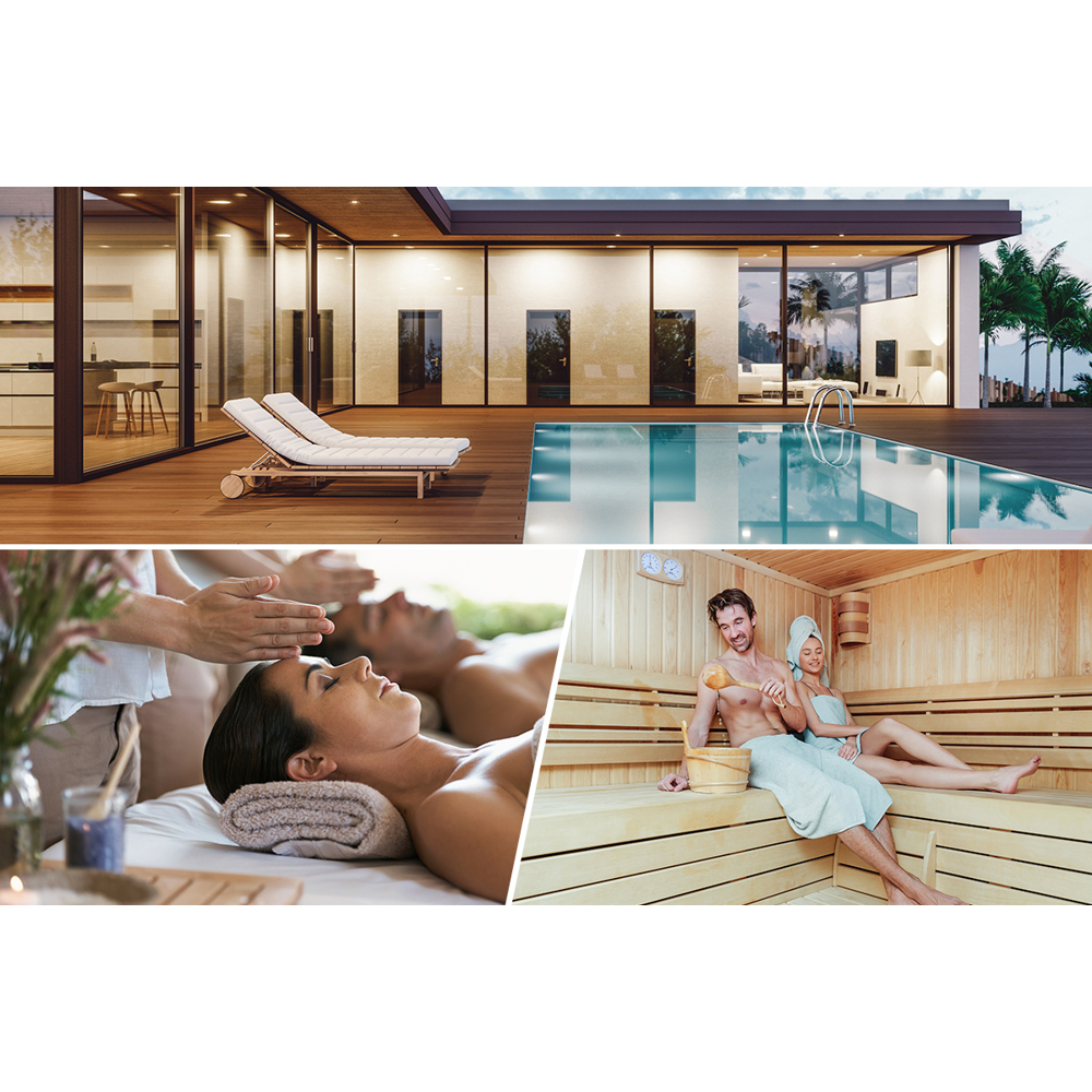 Das Bild zeigt eine Spa-Szene mit Massage, Pool und Sauna. Menschen entspannen sich bei Massagen, an einem Pool und in einer Holzsauna.