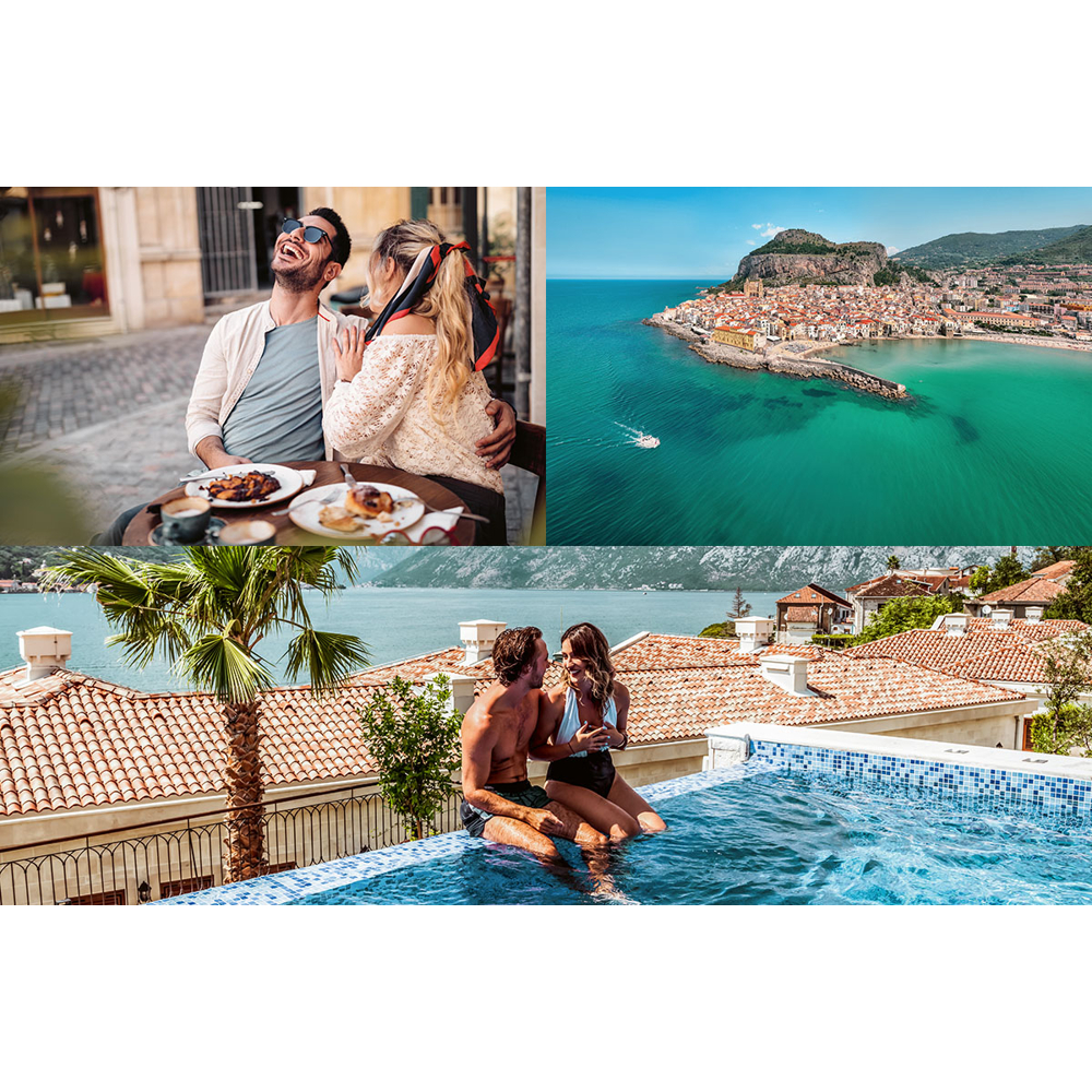 Eine Collage zeigt ein Paar in einem Café, eine Küstenstadt und ein Paar in einem Pool. Szenen von Freizeit und Reisen.